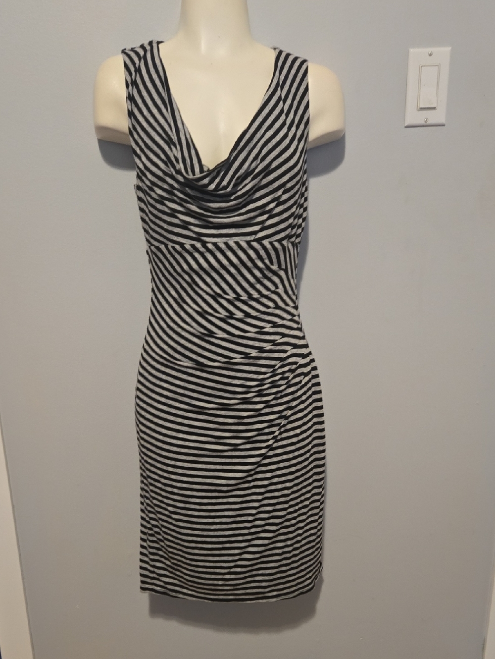 le chateau Black & White Striped Low Cowl-Neck Midi Dress